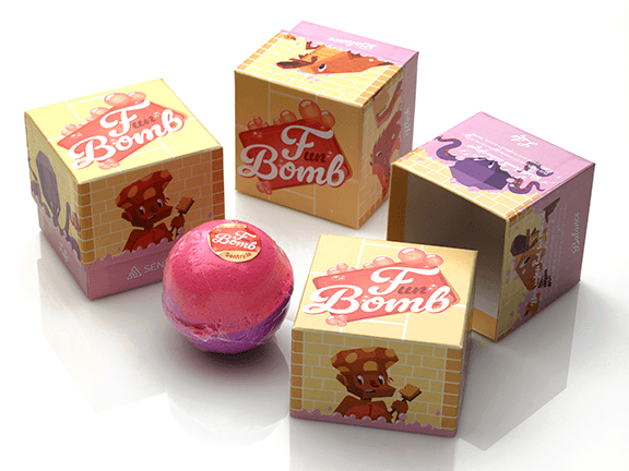 Colorful promotional packaging and a pink bathbomb from Sentry