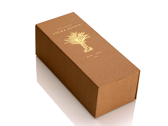 beautiful packaging, rustic olive oil box with gold foil stamping for Jubaea Estate