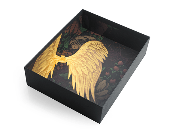 Inside lid of custom wine package for Angel's Ink