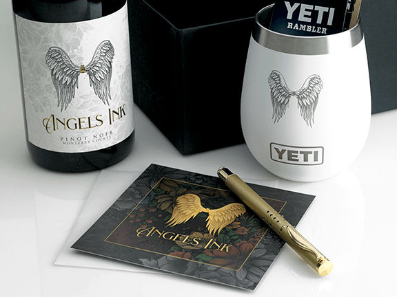 Photo of the collateral in the Angel's Ink Custom Wine Package